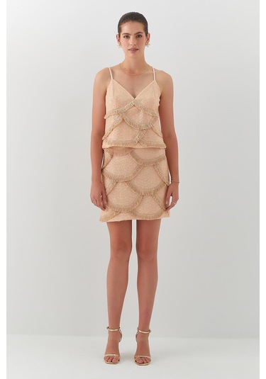 Askılı Payetli Etek Takım Kavun İçi Açık Turuncu