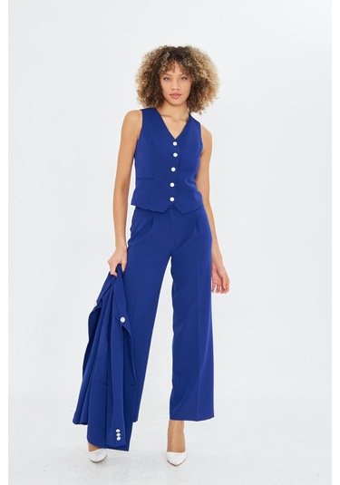 Yakası Düğme Detaylı 3lü Takım Saks Saks Mavisi