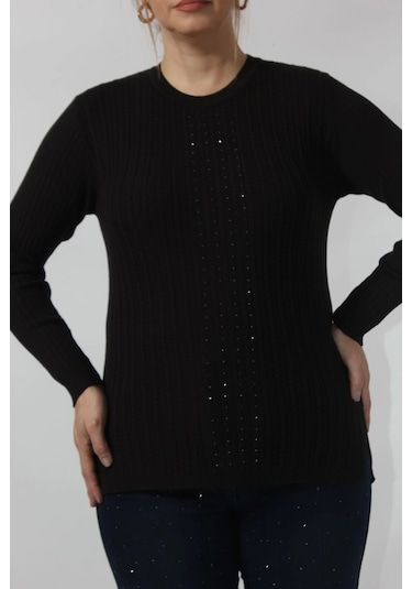 Taş İşleme Detaylı Çizgi Örgü Desenli Kazak Siyah