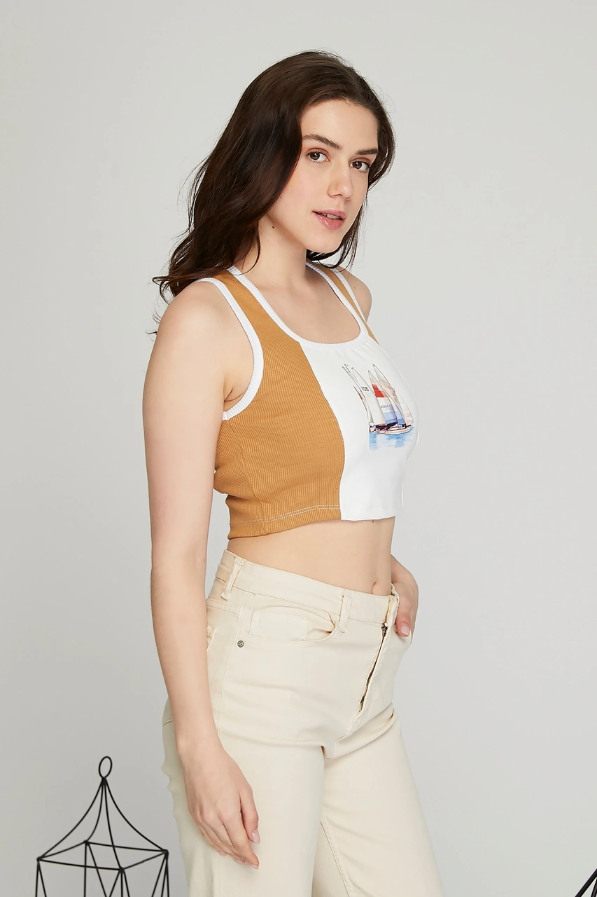 Kadın Deri Crop Ribana Kaşkorse Likralı Deri Garnili Baskılı Crop Büstiyer Deri Üzeri Baskılı Crop Camel