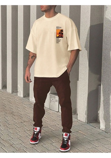 Beach T-shirt Eşofman Altı Jogger - Bej Kahverengi Baskılı Eşofman Takımı Oversize Bisiklet Yaka Bej Kahverengi