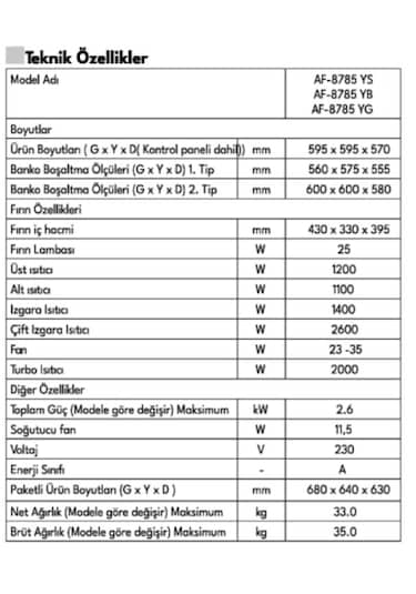Vestel AF-8785 YB LightFry Teknolojili Ankastre Fırın