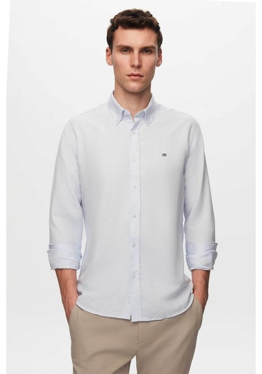 Ds Damat Slim Fit Mavi Oxford Düğmeli Yaka Kolay Ütülenebilir Nakış Detaylı Pamuklu Gömlek 4HC02ORT03265 Mavi