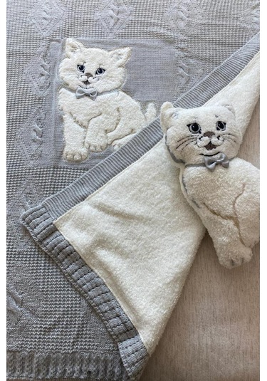 Oyuncak Hediyeli Bebek Triko Battaniye 90x90 Cm Gri Gri