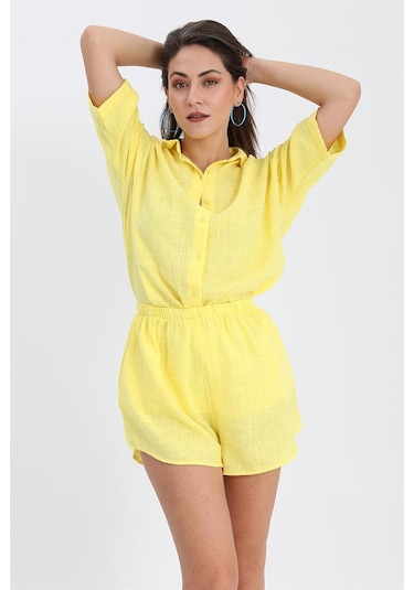 Pamuk Keten Şort Gömlek Kadın İkili Takım - Sarı-sarı Sarı