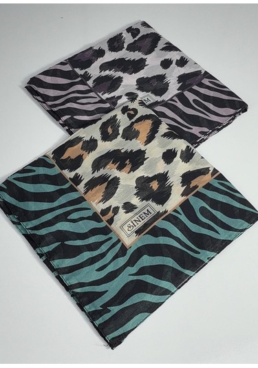 Sinem İndia Leopar Desen 2'li Sorti Eşarp -6294 Mor-mavi