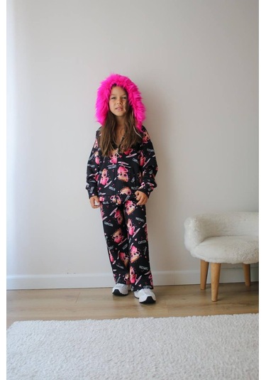 Kız Çocuk Peluş Kapüşonlu Alt Üst Sportif Eşofman Takımı Fermuar Kapamalı Pembe