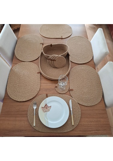 Oval 6 Kişilik 14 Parça Hasır Rengi Amerikan Servis, Hasır Supla Naturel