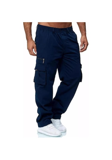 Erkek İlkbahar Ve Sonbahar Düz Paça Düz Renk Kargo Pantolon Günlük Çok Cepli Uzun Pantolon Bol Kesim Açık Hava Fitness Pantolonu Haki