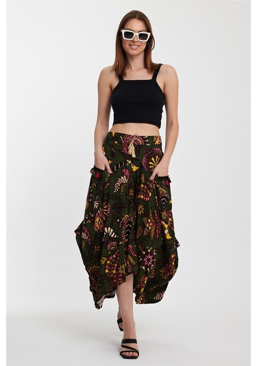 Schık Kadın Viskon Empirme Çiçek Baskı Bohem Stil Cepli Bel Lastikli Etek Haki