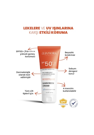 Eliamora Yoğun Leke Karşıtı +50 SPF Güneş Kremi 50 ML