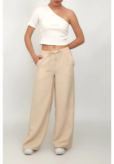 Kadın Beli Lastikli Geniş Paça Keten Pantolon Bej