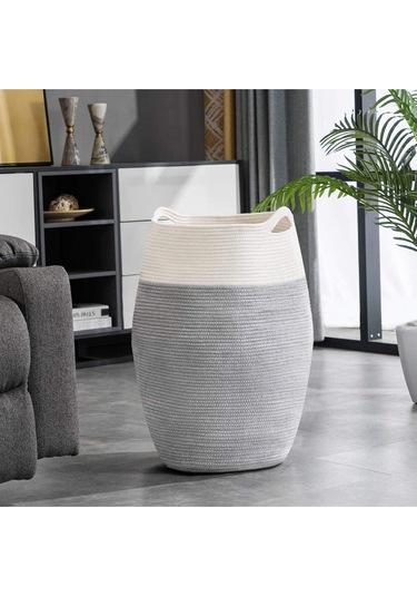 Themis Çamaşır Sepeti, Kirli Elbise Sepeti, Hasır Pamuk Halat Uzun Çamaşır Sepeti, Ev Dekoru Gribeyaz