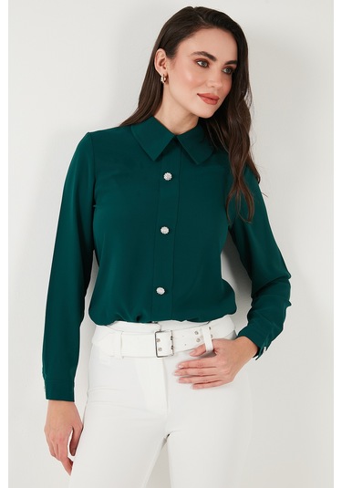 Lela Taşlı Regular Fit Gömlek Yaka Fermuarlı Bayan Bluz 611Bz0493 Zümrüt