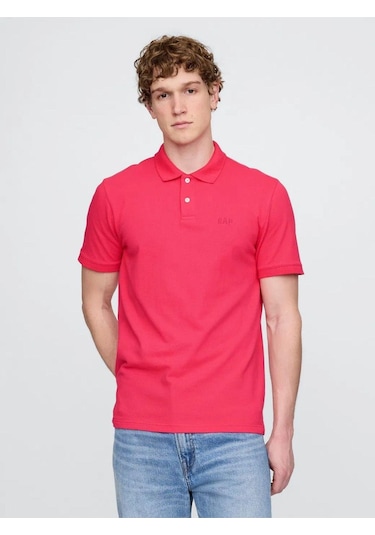 Logo Piqué Polo Yaka Erkek T-shirt Fuşya-7587 Fuşya