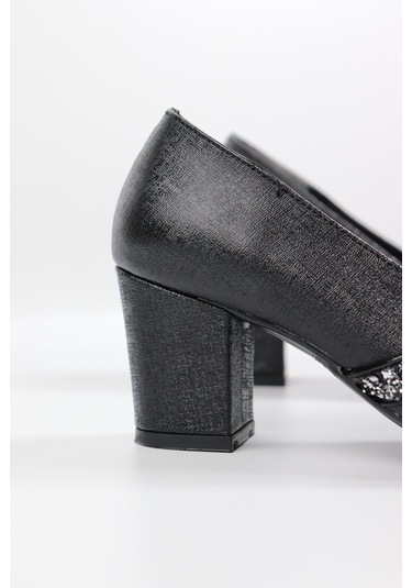 De Scarıo 642 Kadın Simli Detaylı Sivri Burun Kalın Topuklu Ayakkabı Siyah