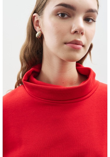 Yüksek Yakalı Oversıze Sweatshırt Kırmızı Kırmızı