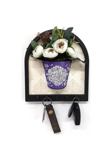 Cajuart Ahşap Motifli Mor Saksı İçinde Beyaz Yapay Çiçek Askılık Duvar Dekoru