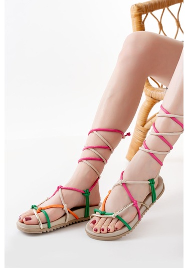 Multi Bilekten Bağcıklı Kadın Sandalet Çok Renkli