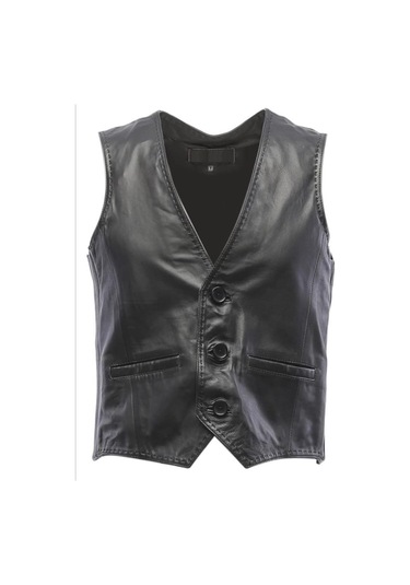 Hakiki Deri Siyah Üç Düğmeli Erkek Deri Yelek Siyah