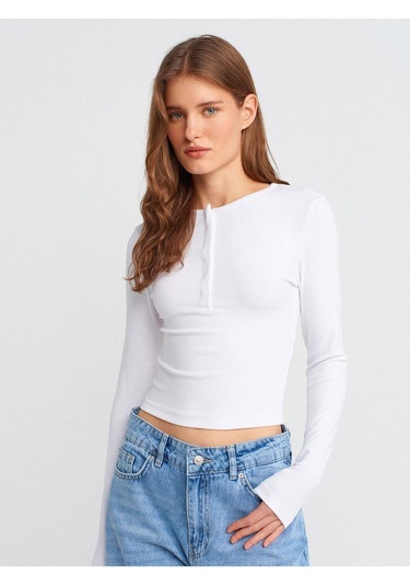 31442 Uzun Kollu Çıtçıt Düğmeli Top-beyaz-10681 Beyaz