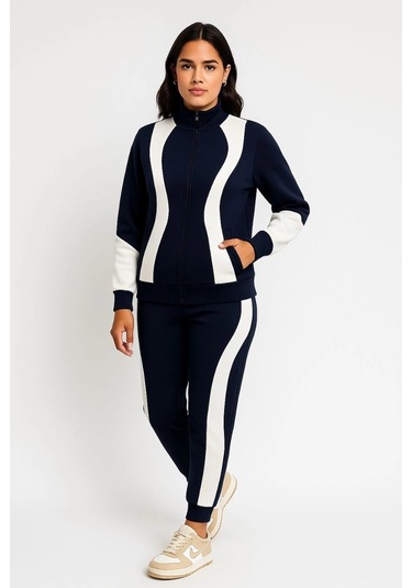 Kadın Premium Parçalı Eşofman Takım - Dik Yaka Fermuarlı Sweatshirt - Siyah Çok Renkli