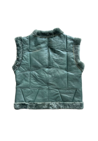 Patchwork İçi Kürk-dışı Süet Gerçek Deri Çocuk Yelek Turkuaz