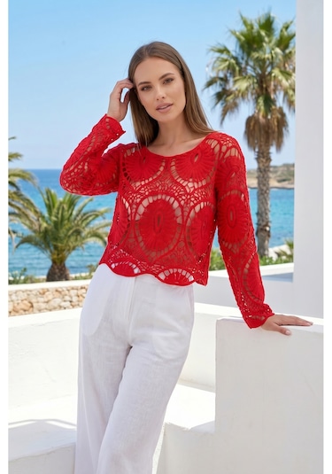 Sayzen Your Shine Dantel Işleme Crop Bluz Sy-shn2610 Kırmızı