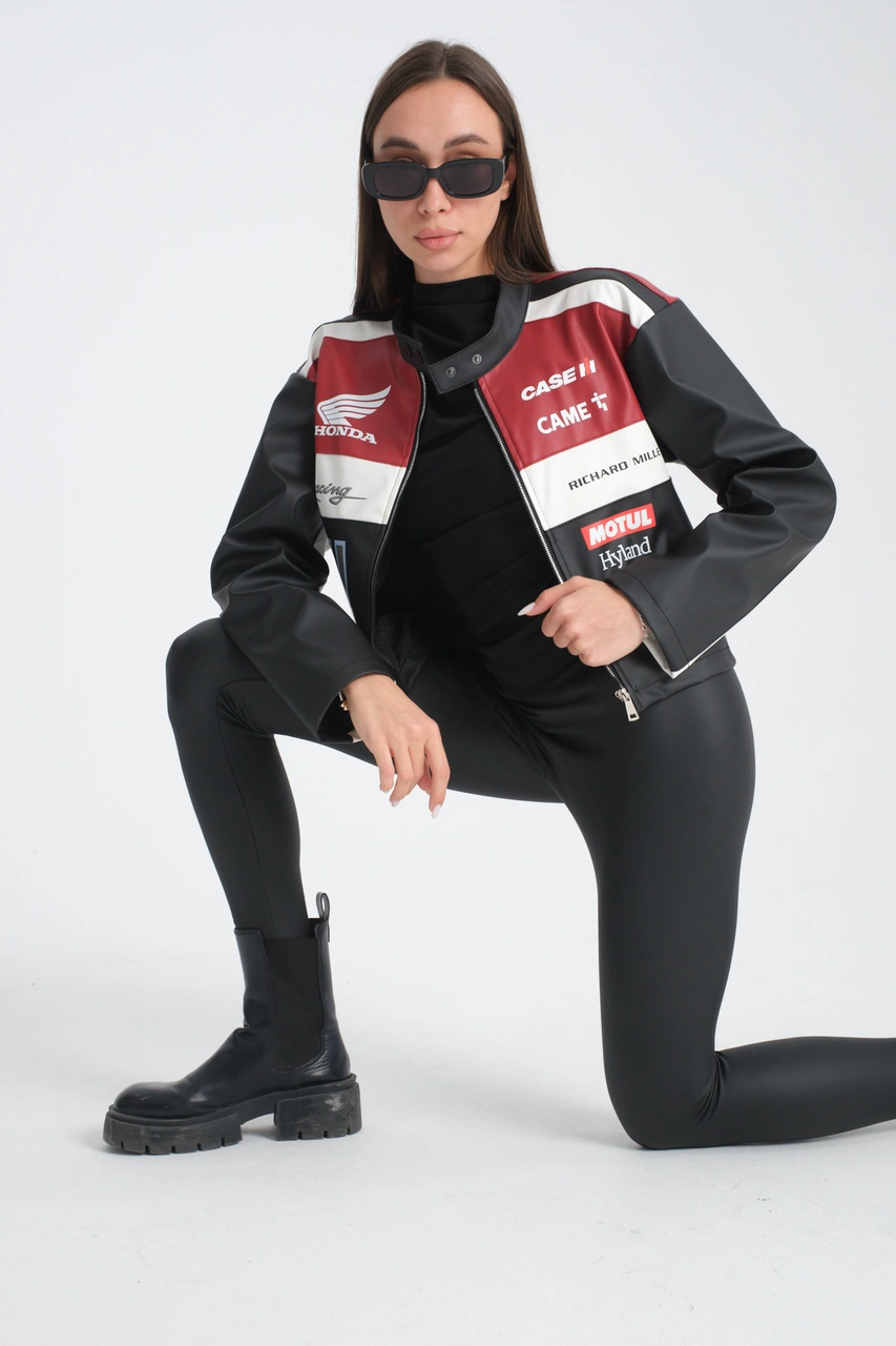 Kadın Oversize Baskılı Deri Şeritli Motorcu Montu Garnili Fermuarlı Yarışçı Ceketi Bomber Kolej Mont Kırmızı