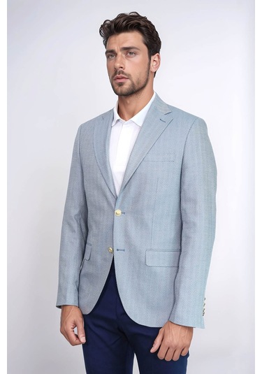Açık Mavi Balıksırtı Desenli Gold Renk Metal Düğmeli Slim Fit Erkek Blazer Ceket - Wessi Navy Blue