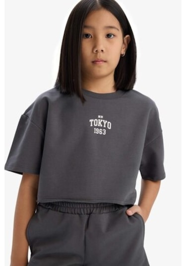 DeFacto Kız Çocuk 2'li Takım Baskılı Kısa Kollu Tişört Şort E0730A825SMAR15 Antrasit