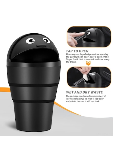 Maiyame Siyah Abs Plastik Araç Çöp Kutusu 520ml - Sızdırmaz Su Geçirmez - Basılı Kapağı İle - Mini Boyut 9.4x9.4x16.9cm - Araç/ofis/ev Kullanıma Uygun