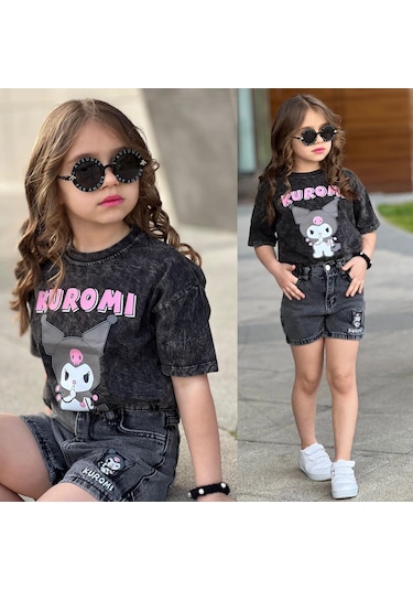 Kız Çocuk Kuromi Kısa Kol Bluz+şort Takım Alt Üst Takım 2540 Siyah