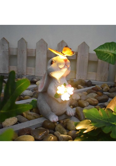 Güneş Bahçesi Açık Paskalya Heykelleri Tavşanı Parlayan Kelebek, Çiçek Ve 3 Led Işık