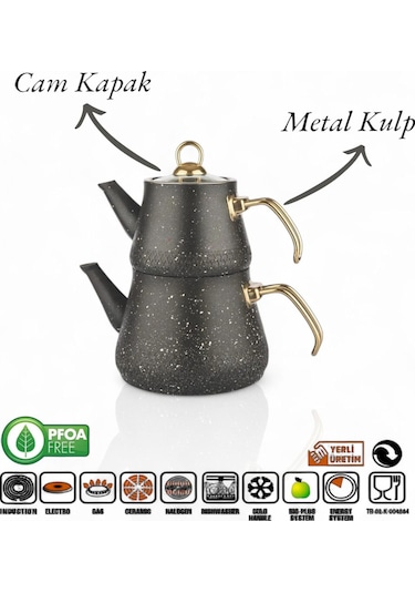 Enashop Granit Kaplama Gold Kulplu Cam Kapak Çaydanlık Siyah Siyah