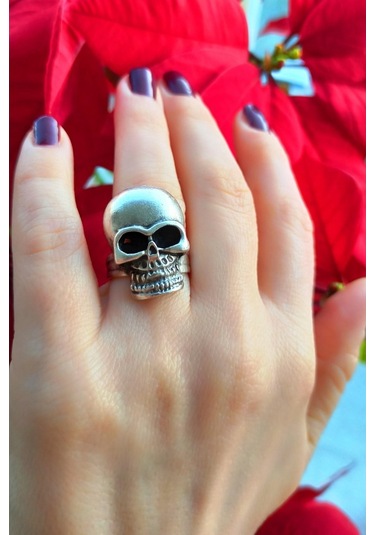 Antik Gümüş Kaplama Kurukafa Şekilli El Yapımı Ayarlanabilir Yüzü - 534814526 Çok Renkli