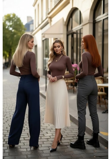 3 Lü Parmak Geçmeli Kadın Body Seti Kahverengi