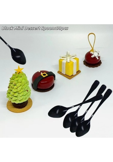 Willowhaven 99 Adet Siyah Uçlu Dayanıklı Mini Plastik Tatlı Kaşığı - Düğün Parti Pasta Çerez Siyah