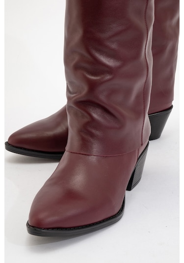 Sojo Bordo Cilt Hakiki Deri Kalın Topuklu Kısa Çizme Bordo