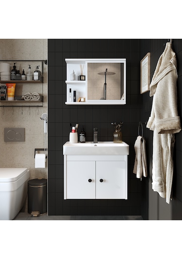 Lavabolu Mat Suntalam 60 Cm Banyo Dolabı + Aynalı Üst Dlp Beyaz Mat Beyaz