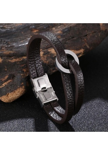 Moda Çift Katmanlı Deri El Bilekliği Erkekler Kadınlar İçin Charm Paslanmaz Çelik Bilezikler Çift Takıları Bileklik Hediye Kahverengi