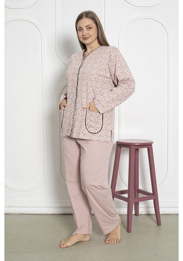 %100 Pamuklu Uzun Kollu Boydan Düğmeli Büyük Beden Kadın Pijama Takımı 206 Pudra