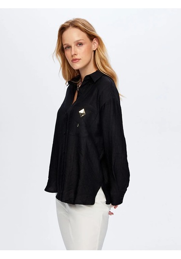 Faik Sönmez Metal Aksesuarlı Kendinden Dokulu Kadın Gömlek W26gml016 Siyah