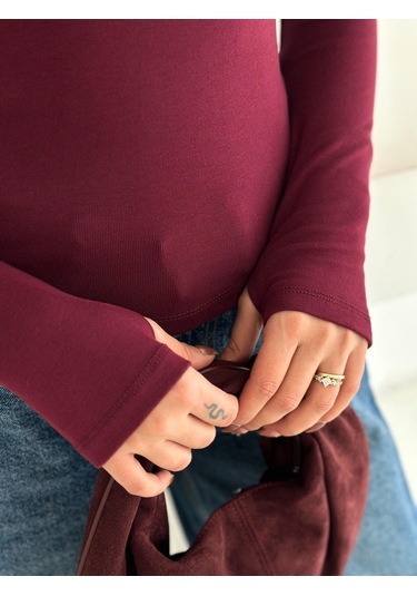Kadın Yarım Balıkçı Yaka Parmak Geçmeli Full Likralı Buzz Body Bordo