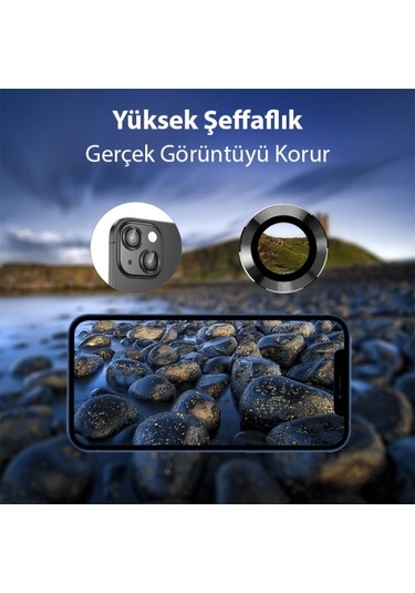 More TR ALLY iPhone 14-14 Plus 3D Metal Çerçeveli Kamera Lens Koruyucu - siyah