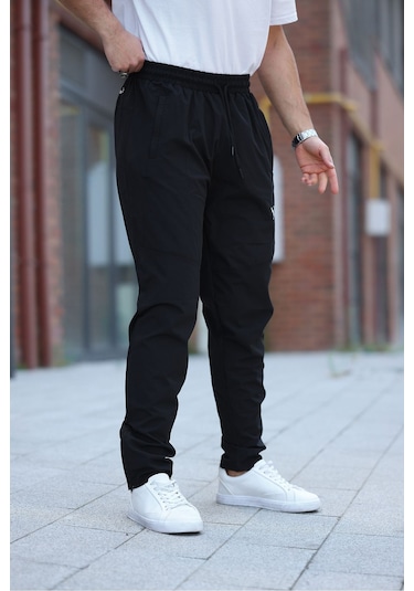 Erkek Siyah Baggy Eşofman Altı Fermuarlı Paça Kaliteli Paraşüt Kumaş Siyah