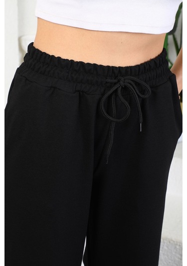 Kallima Siyah Mevsimlik Salaş Rahat Bol Paça Kadın Eşofman Altı Siyah