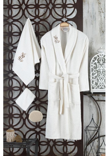 Güvenal Ayla 5 Parça Tek Kişilik Nakışlı Bornoz Seti Bornoz Takımı Bornoz Çeyiz Seti 7