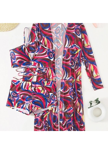 Kadın Mayo Yüksek Bel Bikini Seti Üç Adet Kadın Uzun Kollu Cover Up Mayo Plaj Mayo Pembe