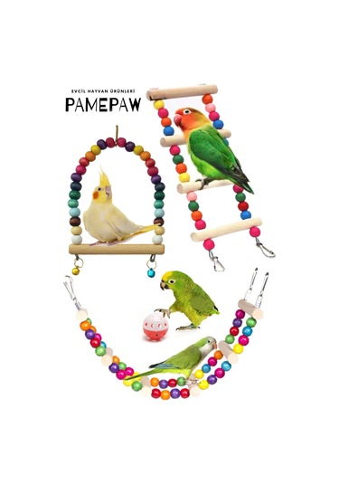 Kuş Eğlence Parkuru Merdivenli Zeka Oyunlu & Salıncaklı Ve Kuş Oyun Topu Seti , 4'lü Set